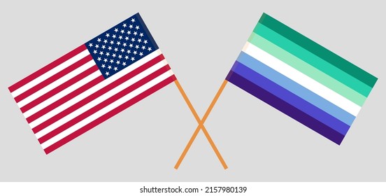 Crossed flags of the USA and gay men pride. Official colors. Correct proportion. Vector illustration
