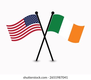 Bandeiras cruzadas dos EUA e da Irlanda, representando relações diplomáticas e parceria.