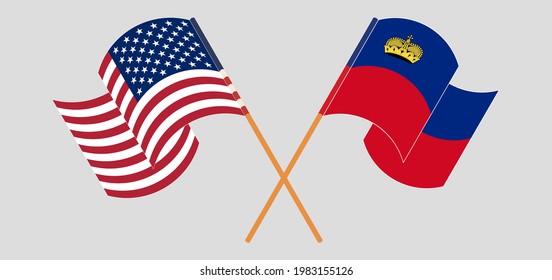 Crossed flags of the USA and Liechtenstein. Official colors. Correct proportion