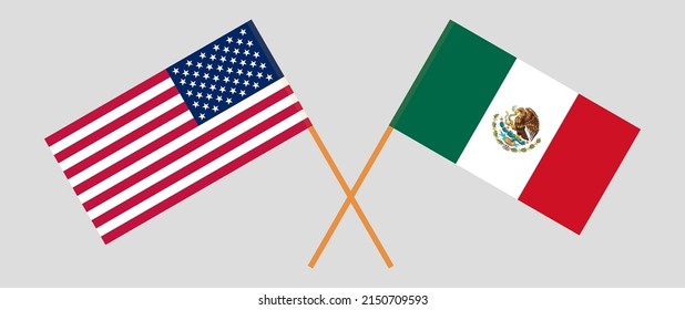 Crossed flags of the USA and Mexico. Official colors. Correct proportion. Vector illustration
