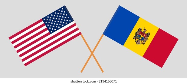 Crossed flags of the USA and Moldova. Official colors. Correct proportion. Vector illustration
