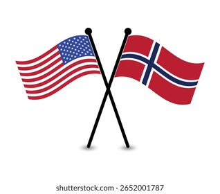 Bandeiras cruzadas dos EUA e da Noruega, que representam relações de diplomacia e parceria.