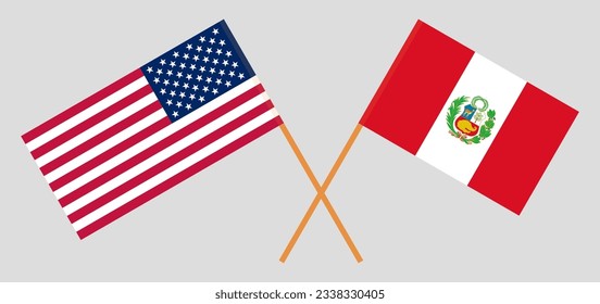 Crossed flags of the USA and Peru. Official colors. Correct proportion. Vector illustration
