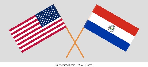 Crossed flags of the USA and Republic of Paraguay. Official colors. Correct proportion. Vector illustration.
