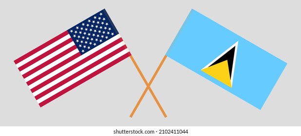 Crossed flags of the USA and Saint Lucia. Official colors. Correct proportion. Vector illustration
