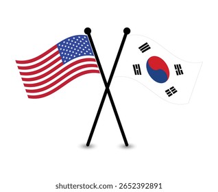 Bandeiras cruzadas dos EUA e da República da Coreia do Sul. Representando Relações de Diplomacia e parceria.