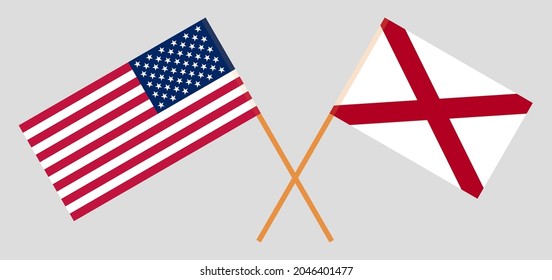 Banderas cruzadas de Estados Unidos y el estado de Alabama. Colores oficiales. Proporción correcta