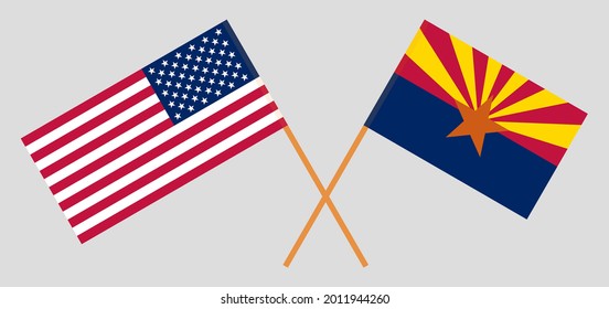 Crossed flags of the USA and the State of Arizona. Official colors. Correct proportion