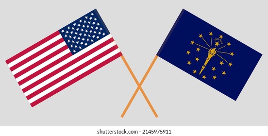 Crossed flags of the USA and the State of Indiana. Official colors. Correct proportion. Vector illustration
