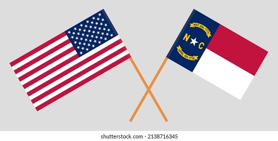 Crossed flags of the USA and The State of North Carolina. Official colors. Correct proportion. Vector illustration
