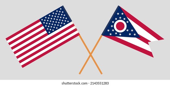 Überquerte Flaggen der USA und des Bundesstaates Ohio. Offizielle Farben. Richtiger Anteil. Vektorgrafik
