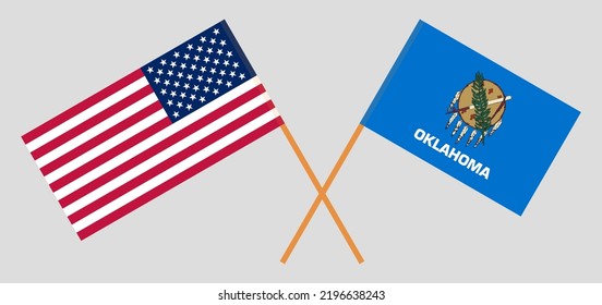 Crossed flags of the USA and The State of Oklahoma. Official colors. Correct proportion. Vector illustration
