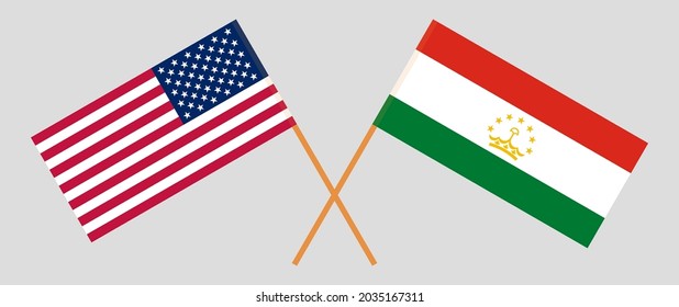 Crossed flags of the USA and Tajikistan. Official colors. Correct proportion