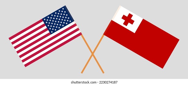 Crossed flags of the USA and Tonga. Official colors. Correct proportion. Vector illustration
