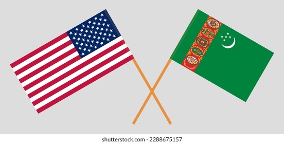 Crossed flags of the USA and Turkmenistan. Official colors. Correct proportion. Vector illustration
