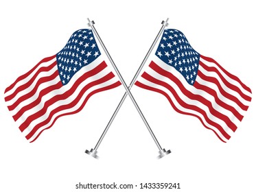 Crossed Flags of USA. Vector Illustration. Isolated Wave Flags of USA Country.