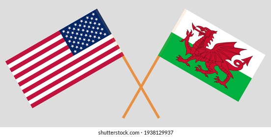 Crossed flags of the USA and Wales. Official colors. Correct proportion