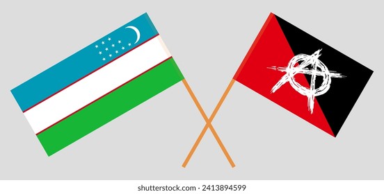 Crossed flags of Uzbekistan and anarchy. Official colors. Correct proportion. Vector illustration