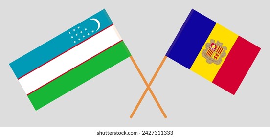 Crossed flags of Uzbekistan and Andorra. Official colors. Correct proportion. Vector illustration
