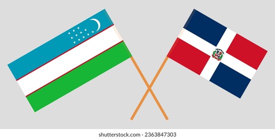 Crossed flags of Uzbekistan and Dominican Republic. Official colors. Correct proportion. Vector illustration
