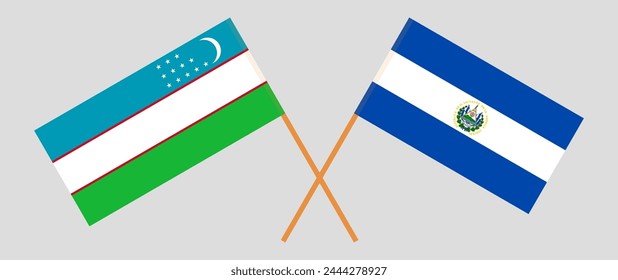 Crossed flags of Uzbekistan and El Salvador. Official colors. Correct proportion. Vector illustration
