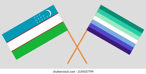 Crossed flags of Uzbekistan and gay men pride. Official colors. Correct proportion. Vector illustration
