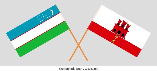Crossed flags of Uzbekistan and Gibraltar. Official colors. Correct proportion. Vector illustration
