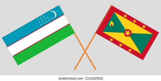 Crossed flags of Uzbekistan and Grenada. Official colors. Correct proportion. Vector illustration
