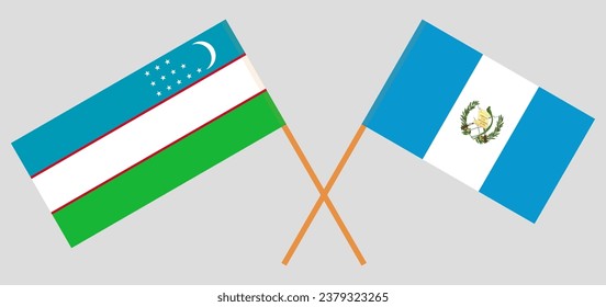 Crossed flags of Uzbekistan and Guatemala. Official colors. Correct proportion. Vector illustration
