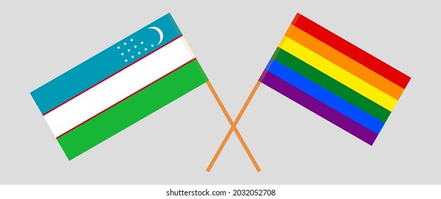 Crossed flags of Uzbekistan and LGBTQ. Official colors. Correct proportion