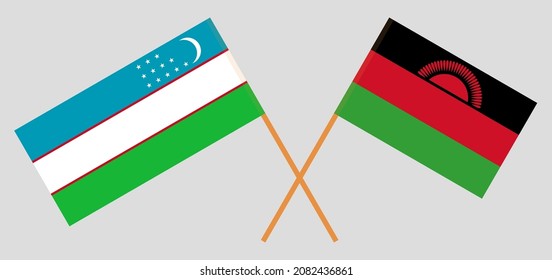 Crossed flags of Uzbekistan and Malawi. Official colors. Correct proportion