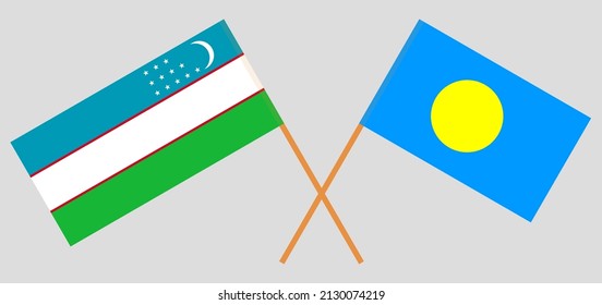 Crossed flags of Uzbekistan and Palau. Official colors. Correct proportion. Vector illustration
