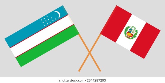 Crossed flags of Uzbekistan and Peru. Official colors. Correct proportion. Vector illustration
