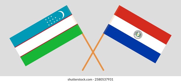 Crossed flags of Uzbekistan and Republic of Paraguay. Official colors. Correct proportion. Vector illustration.
