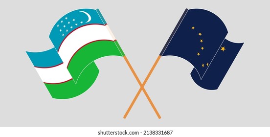 Crossed flags of Uzbekistan and the State of Alaska. Official colors. Correct proportion. Vector illustration
