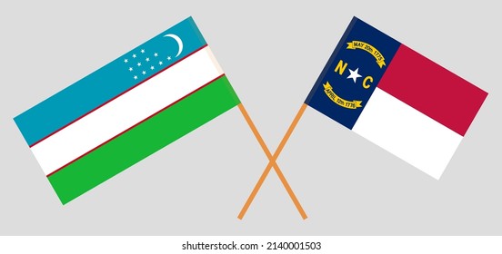 Crossed flags of Uzbekistan and The State of North Carolina. Official colors. Correct proportion. Vector illustration
