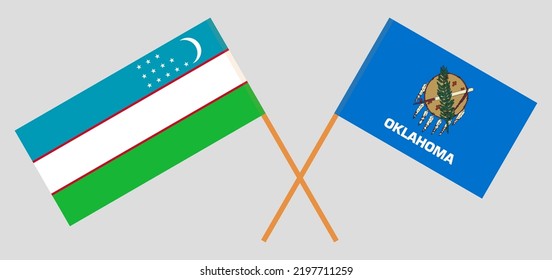 Crossed flags of Uzbekistan and The State of Oklahoma. Official colors. Correct proportion. Vector illustration
