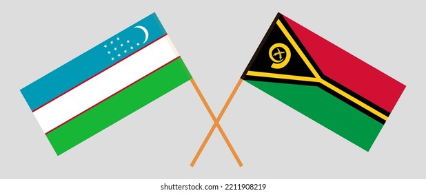 Crossed flags of Uzbekistan and Vanuatu. Official colors. Correct proportion. Vector illustration
