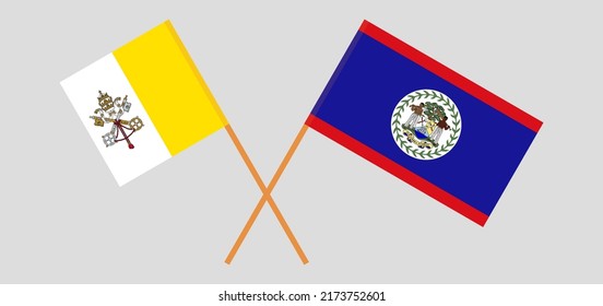 Crossed flags of Vatican and Belize. Official colors. Correct proportion. Vector illustration

