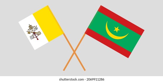 Crossed flags of Vatican and Mauritania. Official colors. Correct proportion