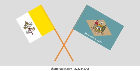 Crossed flags of Vatican and The State of Delaware. Official colors. Correct proportion. Vector illustration
