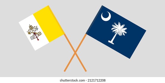 Crossed flags of Vatican and The State of South Carolina. Official colors. Correct proportion. Vector illustration
