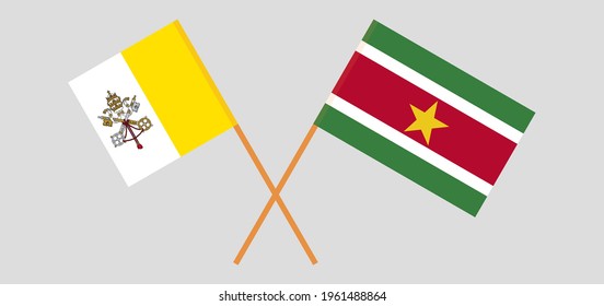 Crossed flags of Vatican and Suriname. Official colors. Correct proportion