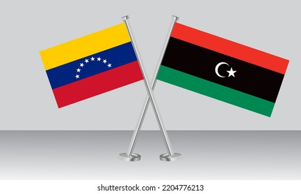 Crossed flags of Venezuela and Libya. Official colors. Correct proportion. Banner design