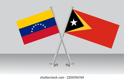 Banderas cruzadas de Venezuela y Timor Oriental. Colores oficiales. Proporción correcta. Diseño de pancartas