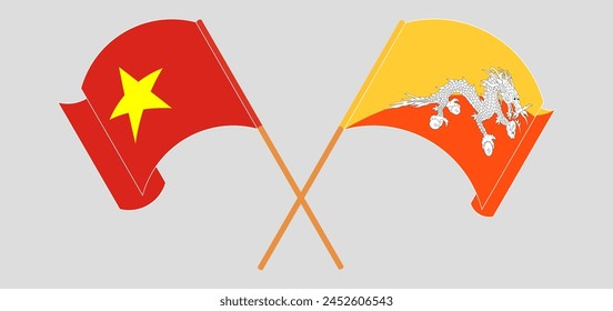 Crossed flags of Vietnam and Bhutan. Official colors. Correct proportion. Vector illustration
