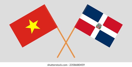 Crossed flags of Vietnam and Dominican Republic. Official colors. Correct proportion. Vector illustration
