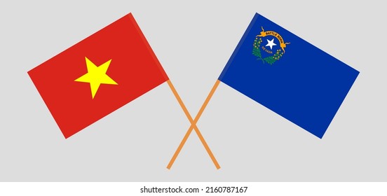 Überquerte Flaggen von Vietnam und dem Staat Nevada. Offizielle Farben. Richtiger Anteil. Vektorgrafik
