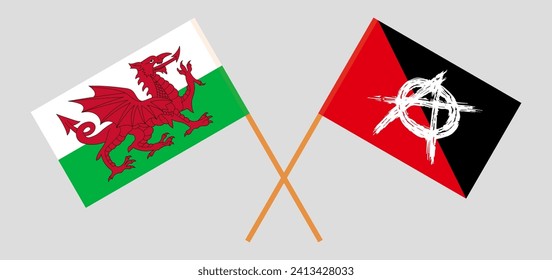 Crossed flags of Wales and anarchy. Official colors. Correct proportion. Vector illustration
