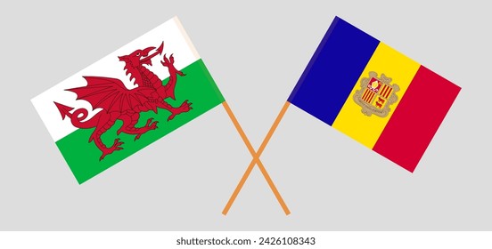 Crossed flags of Wales and Andorra. Official colors. Correct proportion. Vector illustration
